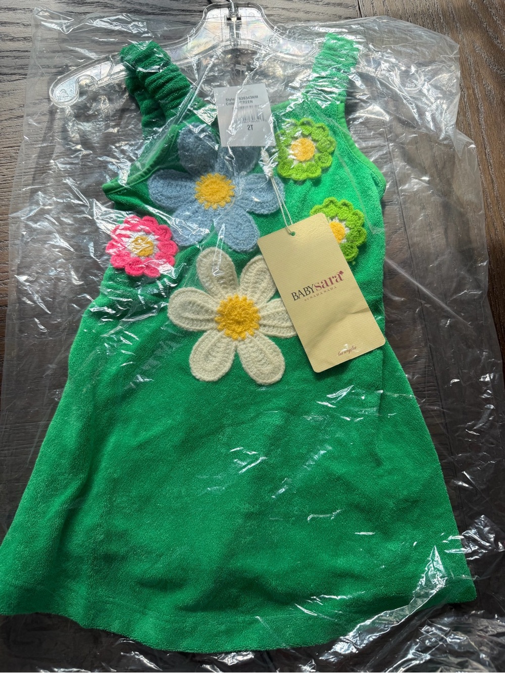 Baby Sara Green Flower Appliqué Knit Dress